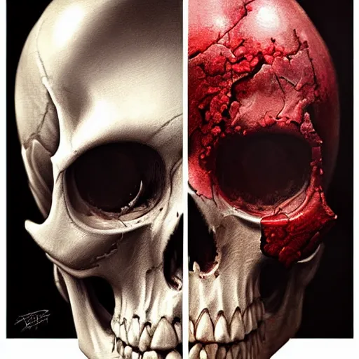Prompt: a highly detailed skull intervowen with the background, bloodshot red real human eyes in the sockets, detailed painting, by artgerm, WLOP, Greg Rutkowski
