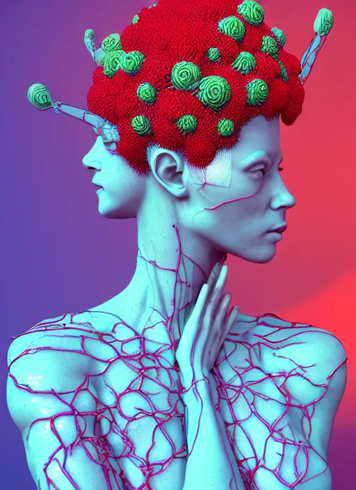 Prompt: hyper detailed 3d render like a sculpture - profile subsurface scattering (a beautiful fae princess protective playful expressive from that looks like a borg queen wearing a sundress made of flowers) seen red carpet photoshoot in UVIVF posing in caustic light pattern pool of water to Eat bite of the Strangling network of yellowcake aerochrome and milky Fruit and His delicate Hands hold of gossamer polyp blossoms bring iridescent fungal flowers whose spores black the foolish stars by Jacek Yerka, Ilya Kuvshinov, Mariusz Lewandowski, Houdini algorithmic generative render, golen ratio, Abstract brush strokes, Masterpiece, Victor Nizovtsev and James Gilleard, Zdzislaw Beksinski, Tom Whalen, Mark Ryden, Wolfgang Lettl, hints of Yayoi Kasuma and Dr. Seuss, Grant Wood, octane render, 8k, maxwell render, siggraph