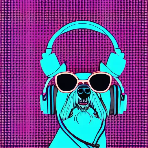 Prompt: a closeup of a dog with headphones and sunglasses in retro colors, synthwave style, 2 d digital vector art