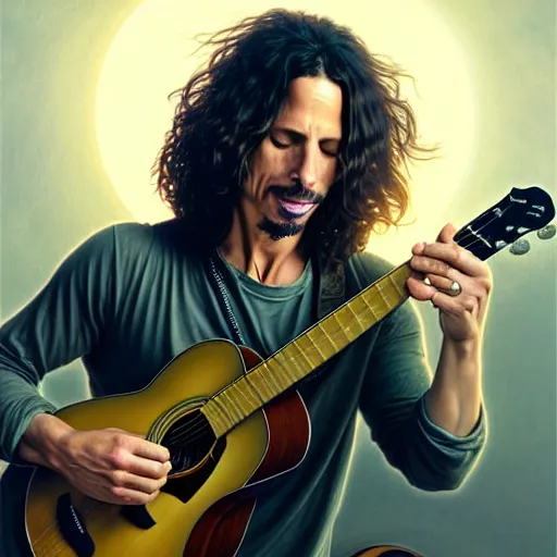 Prompt: portrait painting of chris cornell playing guitar in heaven, happy smile on his face, ultra realistic, concept art, intricate details, eerie, highly detailed, photorealistic, octane render, 8 k, unreal engine. art by artgerm and greg rutkowski and magali villeneuve and alphonse mucha