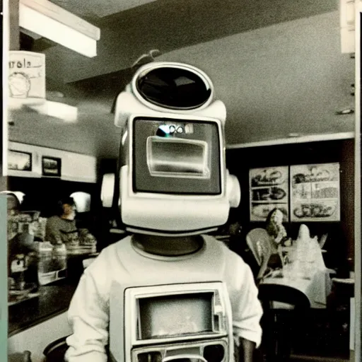 Image similar to 1980s polaroid of a restaurant with a creepy smiling animatronic in the corner, blurry, hazy