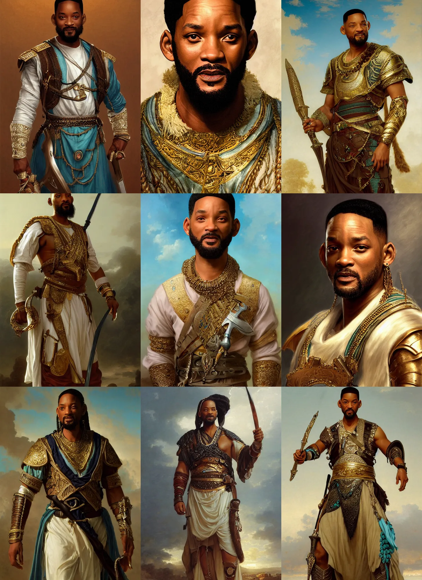 Prompt: will smith portrait as ancient libyan warrior, curved beard, long cornrows, white and teal garment, gold jewelry, intricate, elegant, highly detailed, digital painting, artstation, concept art, smooth, sharp focus, illustration, orientalism, edwin long, bouguereau, rutkowski