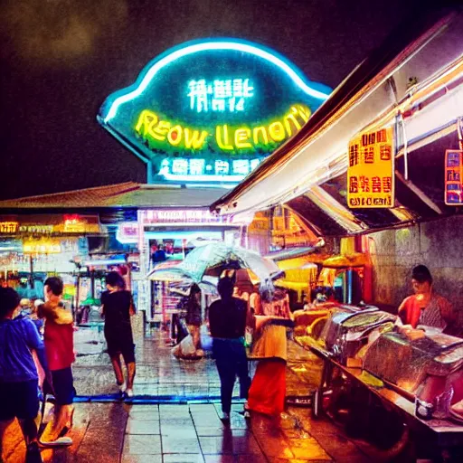 Image similar to A rainy night outside a Singaporean hawker centre with neon lights, award-winning photography, cinematic lighting