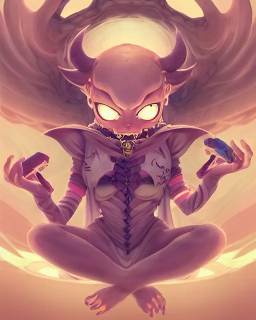 Prompt: a tiny cute demon floating while meditating and wrapped in sacred scrolls, smooth, intricate, elegant, digital painting, artstation, power runes, pulsing energy, concept art, sharp focus, octane render, illustration, art by shintaro kago, overwatch character,