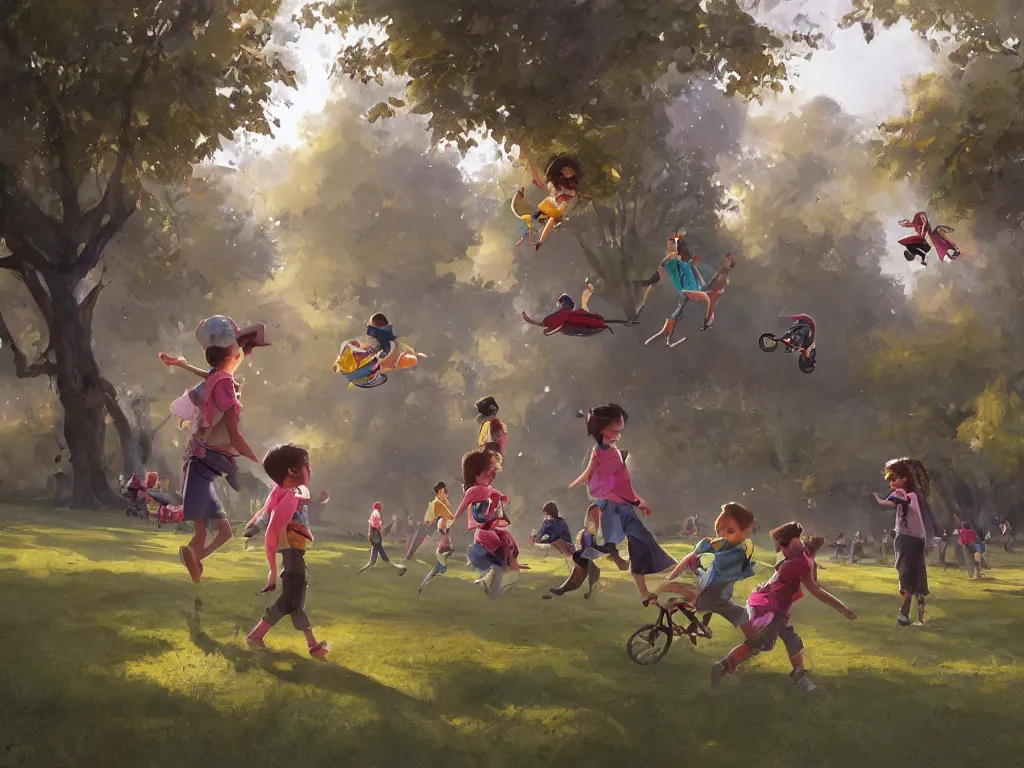 Image similar to happy children fly through a public park, by alejandro burdisio and bob bylerley and greg rutkowski