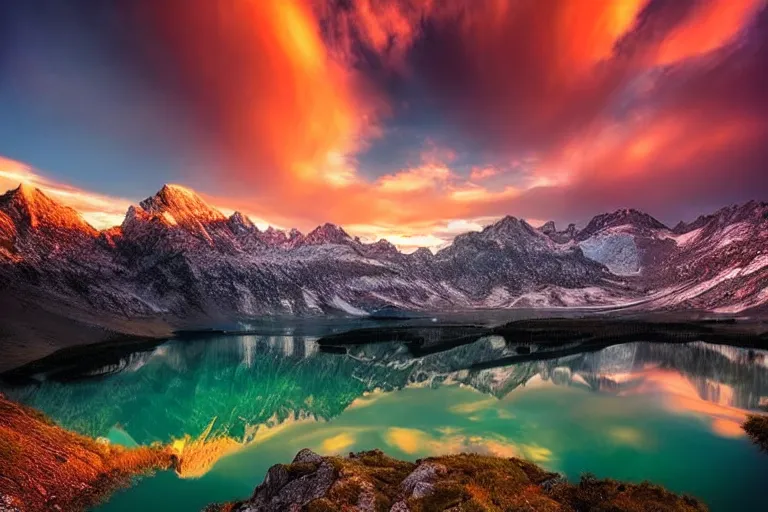 Image similar to amazing landscape photo of mountains with lake in sunset by marc adamus beautiful dramatic lighting