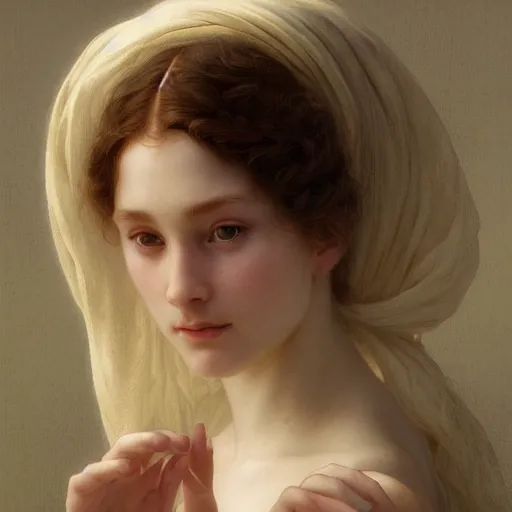 Image similar to Portrait of beautiful pale peasant girl, cinematic lighting, intricate, elegant, highly detailed, digital painting, artstation, smooth, sharp focus, illustration, art by artgerm and greg rutkowski and alphonse mucha and Wayne Barlowe and william-adolphe bouguereau