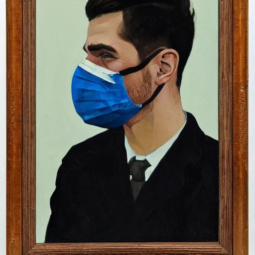 Prompt: portrait of young man wearing black medical mask, style of coby whitmore