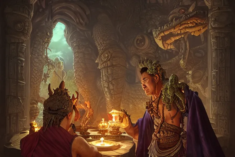 Prompt: crocodile god temple priests ceremony, deep focus, d & d, fantasy, intricate, elegant, highly detailed, digital painting, artstation, concept art, matte, sharp focus, illustration, hearthstone, art by artgerm and greg rutkowski and alphonse mucha