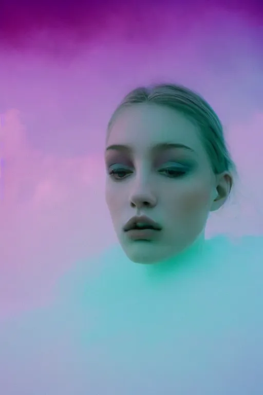 Image similar to high quality pastel coloured film close up wide angle photograph of a model wearing clothing resting on cloud furniture in a icelandic black rock!! environment in a partially haze filled dreamstate world. three point light, rainbow. photographic production. art directed. pastel colours. volumetric clouds. pastel gradient overlay. waves glitch artefacts. extreme facial clarity. 8 k. filmic.