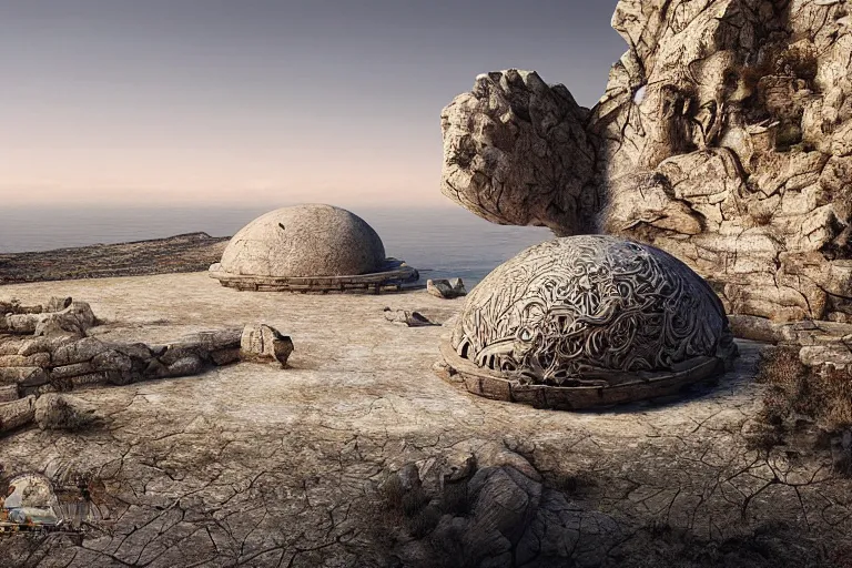 Image similar to photograph of a gigantic paleolothic sphere made of stone with highly detailed carvings of intricate shamanic robotic electronics and circuits, in a mediterranean lanscape, inside a valley overlooking the sea, by michal karcz, mediterranean island scenery, mediterranean vista