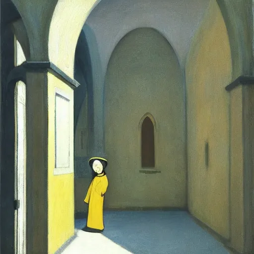 Prompt: in the distance, a little girl with short black hair and wearing a yellow coat alone in the inner courtyard of an abbey, the light is bright and wintry, painting by hopper and de chirico