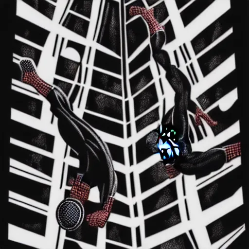 Image similar to book illustration of spiderman pointing at spiderman pointing at spiderman. book illustration, monochromatic, white background, black and white image