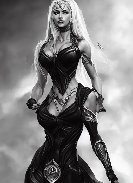 Image similar to a highly detailed illustration of fierce blonde tanned skin goddess ereshkigal wearing black dress, dramatic powerful pose, perfect face, perfect body, muscular, intricate, elegant, highly detailed, centered, digital painting, artstation, concept art, smooth, sharp focus, league of legends concept art, wlop