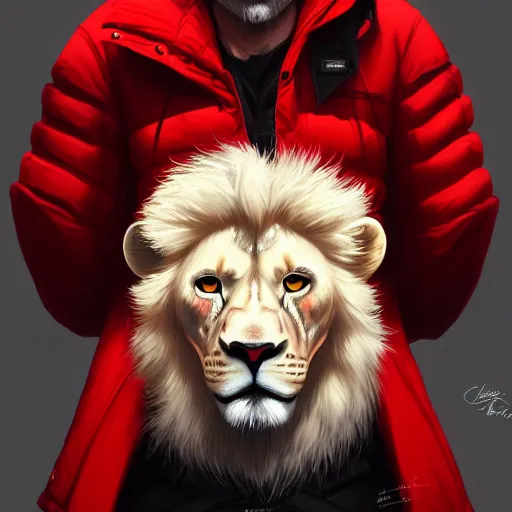 Image similar to commission portrait of a male anthro albino lion wearing a red-black puffer jacket.dramatic,character design by charles bowater,greg rutkowski,ross tran,hyperdetailed,hyperrealistic,4k,deviantart,artstation,professional photography,concept art