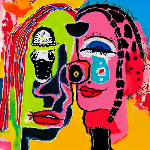 Prompt: acrylic painting of two bizarre psychedelic goth women kissing in japan in summer, speculative evolution, mixed media collage by basquiat and jackson pollock, maximalist magazine collage art, sapphic art, psychedelic illustration