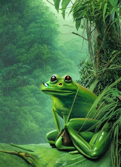 Image similar to a beautiful matte painting of a green frog in the jungle, kambo