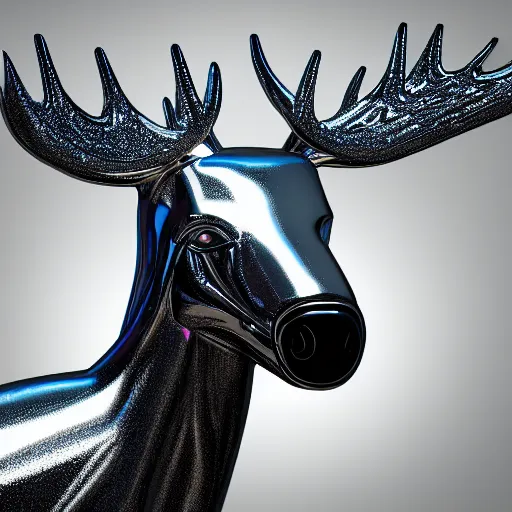 Prompt: chrome moose, glossy, metallic, neon, symmetrical, tribal patterns, realistic, unreal engine, octane, redshift, artstation, behance