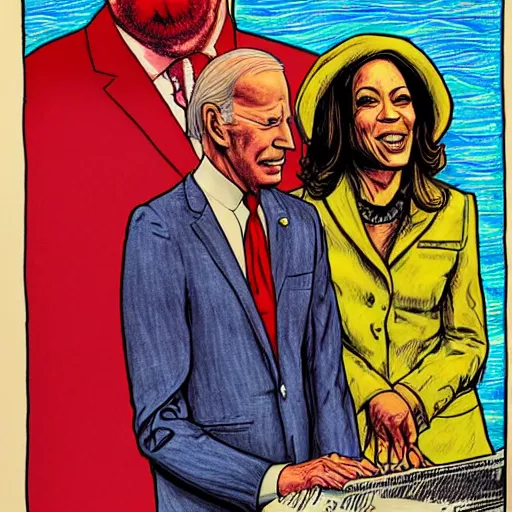 Image similar to The Artwork of R. Crumb and his Cheap Suit - Joe Biden and Kamala Harris, pencil and colored marker artwork, trailer-trash lifestyle