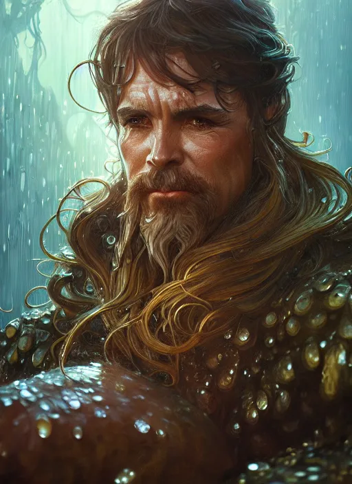 Image similar to portrait of davy jones, d & d, wet, shiny, fantasy, intricate, elegant, highly detailed, digital painting, artstation, concept art, smooth, sharp focus, illustration, art by artgerm and greg rutkowski and alphonse mucha