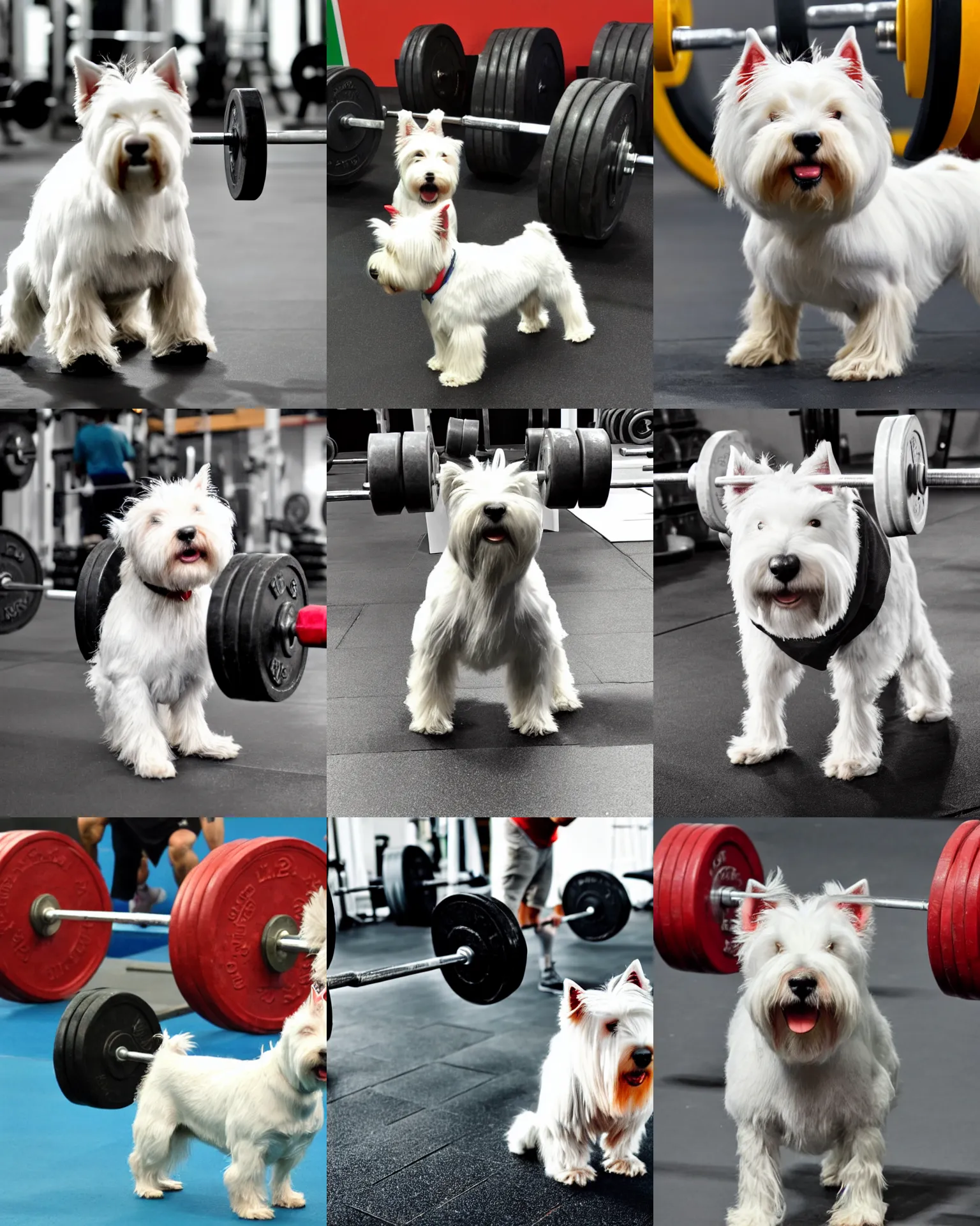 Prompt: a photo of anthropomorphic anthropomorphic west highland white terrier weight lifting weightlifting barbell in olympic