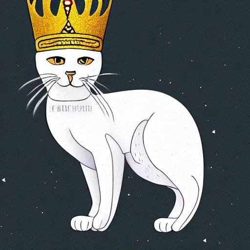 Prompt: a cartoon art of a white cat wearing a golden crown and black goggles