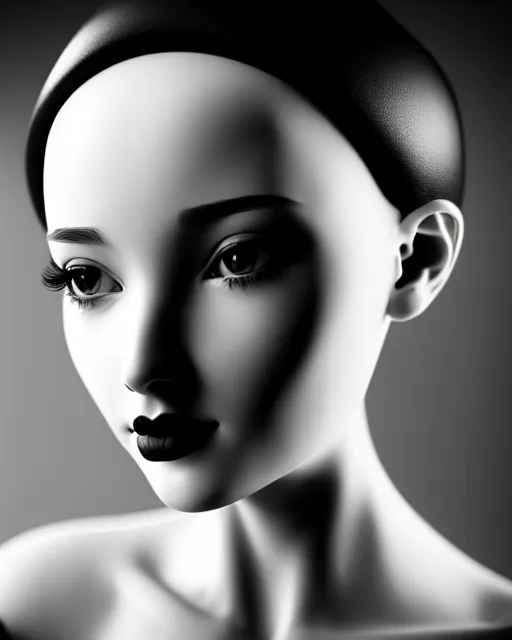 Image similar to black and white dreamy young beautiful female artificial intelligence, cinematic, rim light, photo - realistic, elegant, high detail, 8 k, masterpiece, photo taken in 1 9 3 0