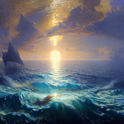 Image similar to point of view of deep in the ocean looking up, you see fishes, higher up you see the splendorous milk way illuminating the sea. highly detailed painting by gaston bussiere, greg rutkowski 8 k