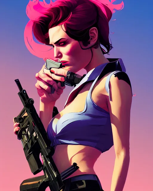 Image similar to portrait of femme fatale with pistol, gta v cover art, borderlands style, celshading, trending on artstation, by rhads, andreas rocha, rossdraws, makoto shinkai, laurie greasley, lois van baarle, ilya kuvshinov and greg rutkowski, 4 k