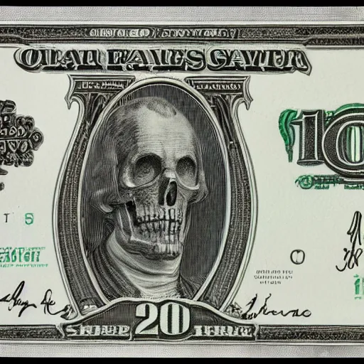 Prompt: dollar note with grim reaper, black ink on white paper