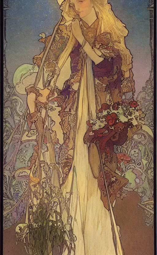 Prompt: the chariot, tarot, beautiful border, by alfons maria mucha, highly detailded