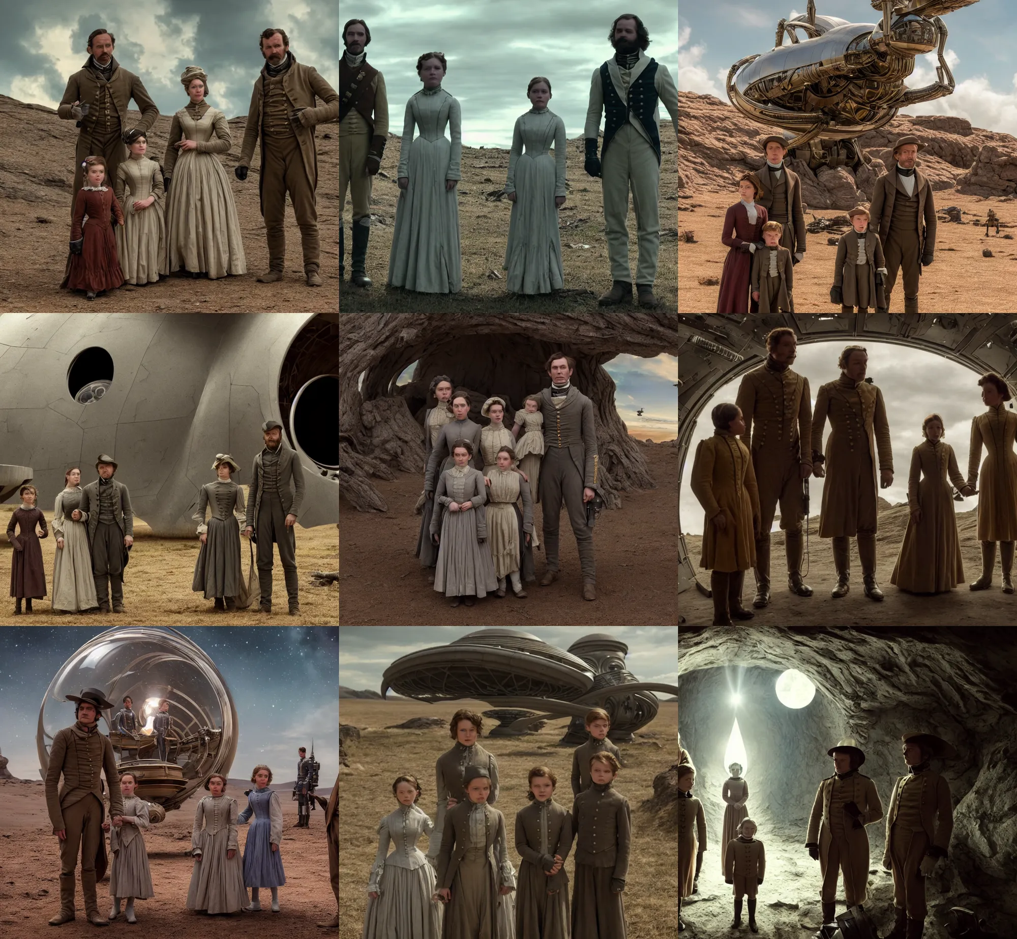 Prompt: sharp, highly detailed, film from a 2 0 1 9 sci fi 8 k movie, set in 1 8 5 0, a family standing in front of their spaceship that has just landed on an alien planet, wearing 1 8 5 0 s clothes, atmospheric lighting, in focus, reflective eyes, 3 5 mm macro lens, live action, nice composition