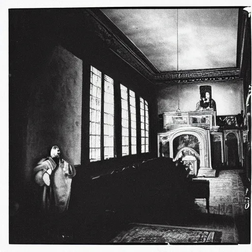 Prompt: ivan the terrible in his palace in moscow kills the time, kodak, old photo, black and white, film, wide lens, 1 6 mm,