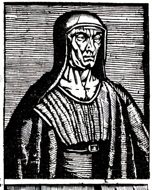 Image similar to b & w woodcut portrait of oprtimus prime from the nuremberg chronicle, 1 4 9 3, restored, hq scan