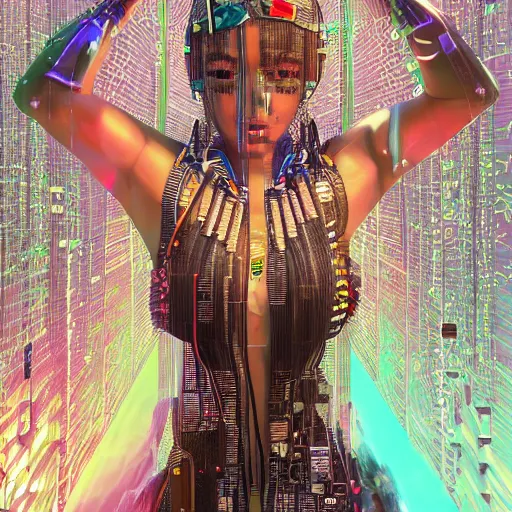 Prompt: deeper into the metaverse we go, piles of modular synth cables mixed with roots, kawaii puerto rican goddess swimming up wearing a headpiece made of circuit boards, by cameron gray, wlop, stanley kubrick, masamune, hideki anno, jamie hewlett, unique perspective, trending on artstation, 3 d render, vivid