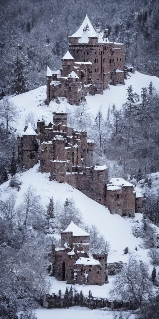 Prompt: a abandoned castle on top of a snowy mountain, 8 k, shallow depth of field, intricate detail, concept art,