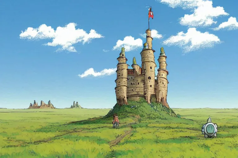 Image similar to a robot castle walking across the plains, ghibli