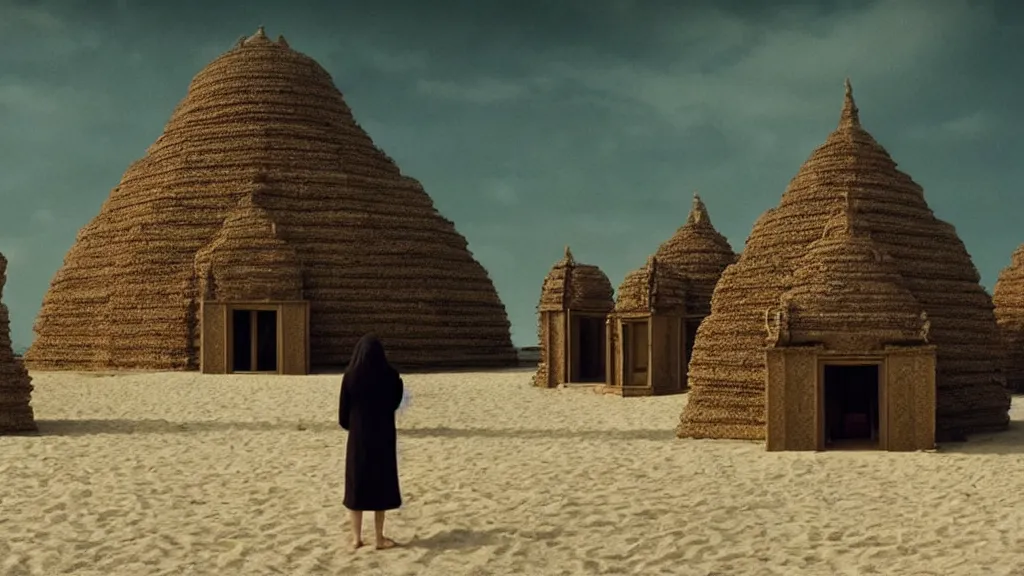 Image similar to the strange temple on the beach, they walk inside, film still from the movie directed by denis villeneuve and david cronenberg with art direction by salvador dali, wide lens