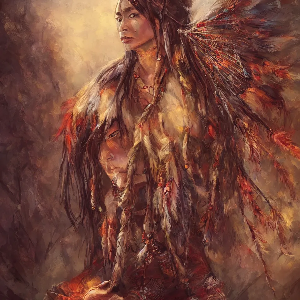 Image similar to native American shamans , beautiful autumn spirit, digital art, concept art, fantasy art, highly detailed, HD wallpaper, artstation, Deviantart, abeyance