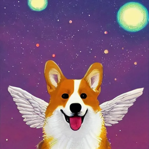 Image similar to corgi with [ angelic wings ]!!, [ flying like a superhero ]!! in the [ night sky ]!! where the stars are visibly perceptible, [ illustration via an abstract artist ]!!