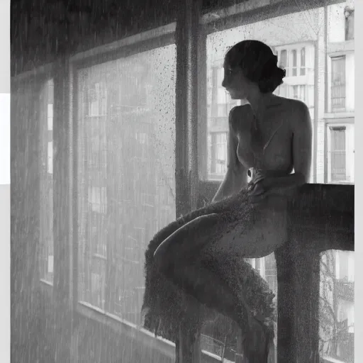 Prompt: a woman, moment, 1 9 3 0 s decopunk penthouse balcony, rain and smoke, tech noir, wet skin, atmospheric, ambient, rupert everton, alexis flower, livia prima,