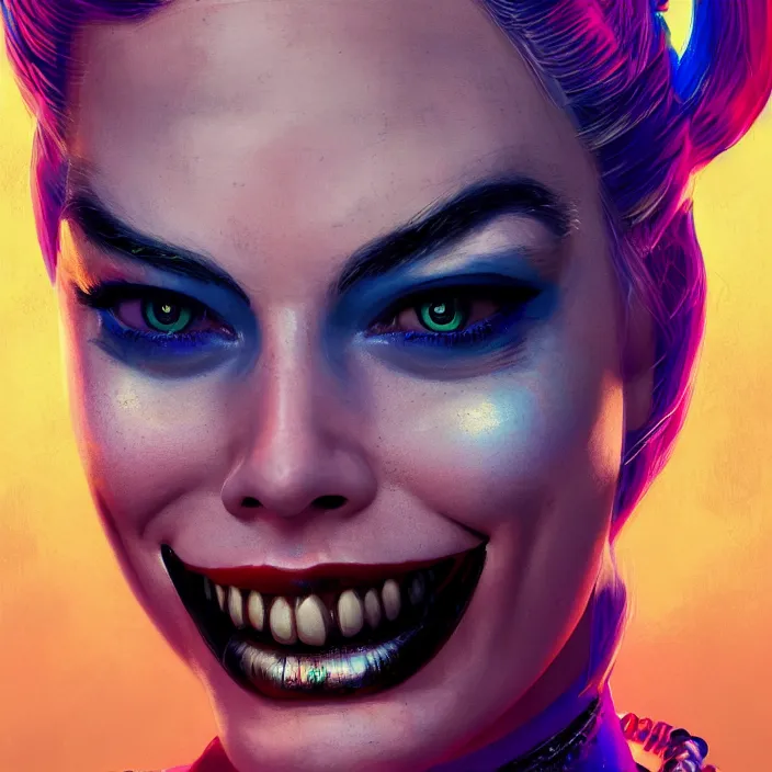 Image similar to portrait of Margot Robbie as a harley quinn. intricate abstract. intricate artwork. by Tooth Wu, wlop, beeple, dan mumford. octane render, trending on artstation, greg rutkowski very coherent symmetrical artwork. cinematic, hyper realism, high detail, octane render, 8k, iridescent accents