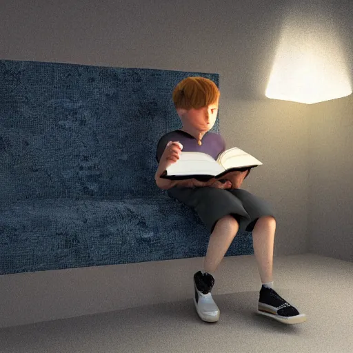 Prompt: a boy reading a book, 3 d rendering, art by just radiation, cinematic lighting