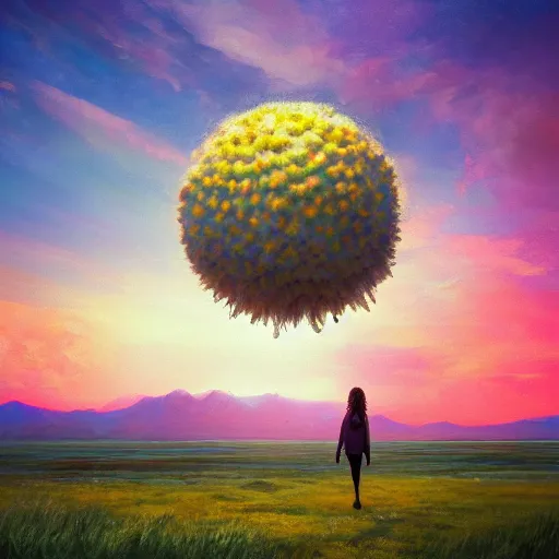 Image similar to giant daisy flower head, girl walking on salt flats mountains, surreal photography, sunrise, dramatic light, impressionist painting, colorful clouds, digital painting, artstation, simon stalenhag