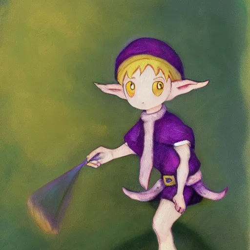 Image similar to little elf boy, purple tunic, soft hair. light color palate, detailed soft painting, made in abyss art style, anatomically correct, inspired in balthus