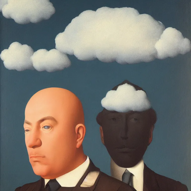 Image similar to portrait of a man whos head is hidden with a cloud, by rene magritte, detailed painting, hd, hq, high resolution, high detail, 4 k, 8 k