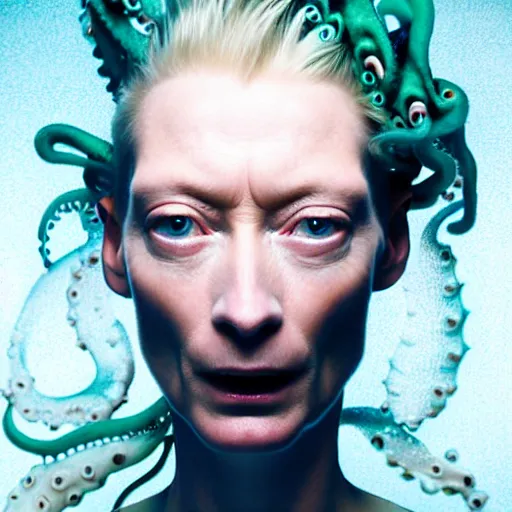 Image similar to closeup studio photograph of tilda swinton as an octopus, dramatic lighting, edited in photoshop