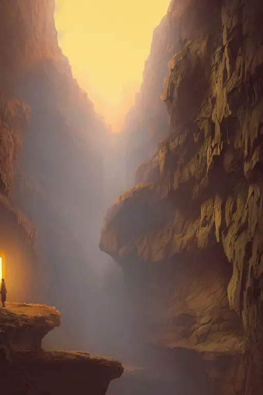 Prompt: monks walking through canyon to ancient temple glowing yellow, carved into cliff, light streaks in the sky, eclipse, dramatic lighting, artstation, matte painting, ralph mcquarrie, simon stalenhag