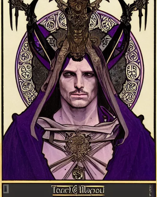 Prompt: tarot card, head and chest only, the devil, demon male, black and purple robes, beautiful, medieval, super detailed, ornate, by alphonse mucha, stjepan sejic, greg rutkowski, symmetry, 8 k, sharp focus