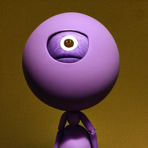 Image similar to photo of a clay model of character with large spherical purple head and tiny eyes with comically tiny body and spindly limbs leans close to the camera, fish eye lens, 4 k, hyper realistic, hyper detailed face, octane render, comedic, cute